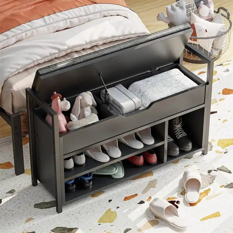 White Shoe Storage Bench with Hidden Compartment - 11.8D x 35.4W x 24.4H