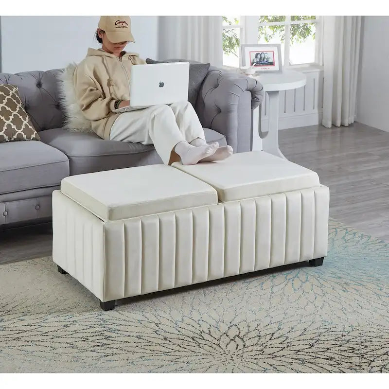 Upholstered Storage Bench with Hidden Storage and Coffee Tray