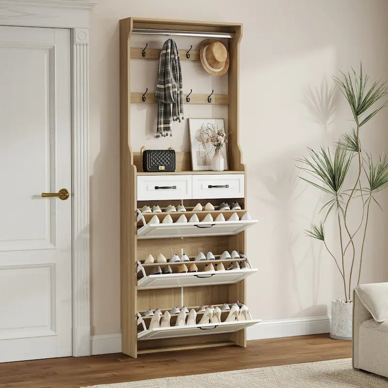 New Shoe Cabinet with 3 Doors 2 Drawers with Hanger,PVC Door With Shape,Large Space for Storage