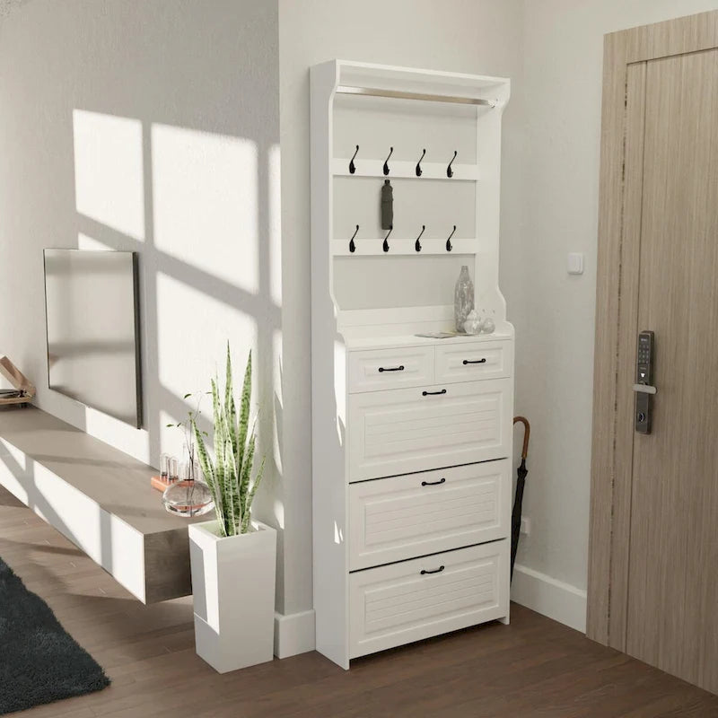 New Shoe Cabinet with 3 Doors 2 Drawers with Hanger,PVC Door With Shape,Large Space for Storage