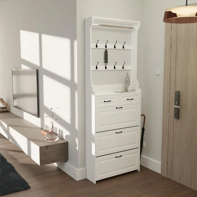 New Shoe Cabinet with 3 Doors 2 Drawers with Hanger,PVC Door With Shape,Large Space for Storage