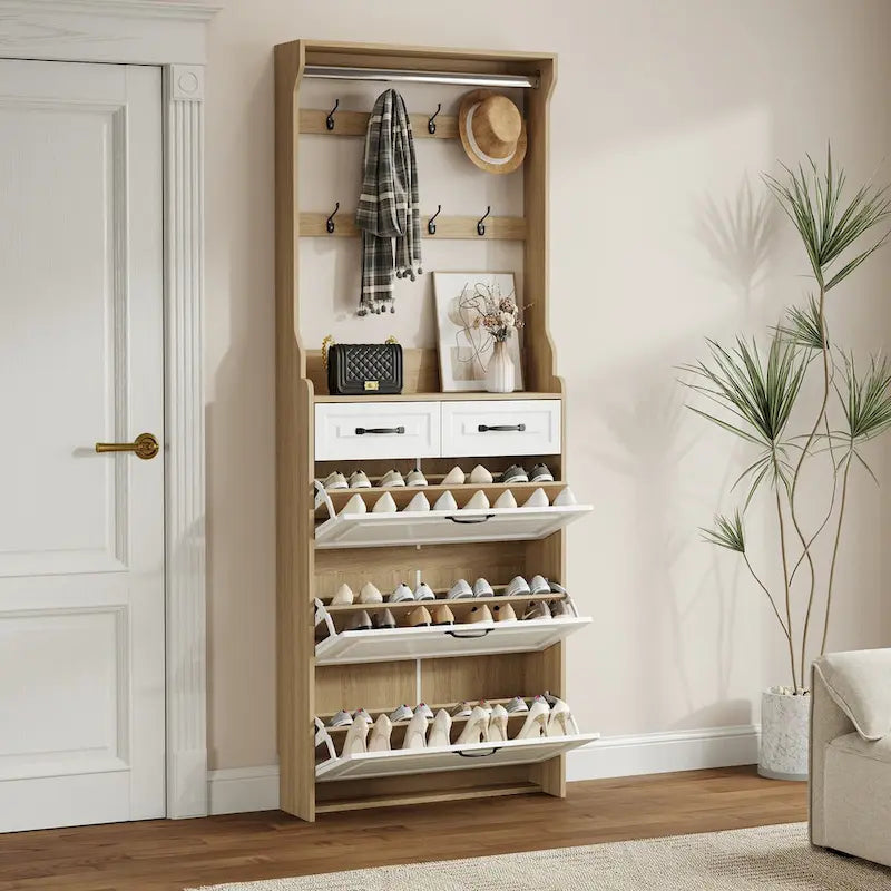New Shoe Cabinet with 3 Doors 2 Drawers with Hanger,PVC Door With Shape,Large Space for Storage