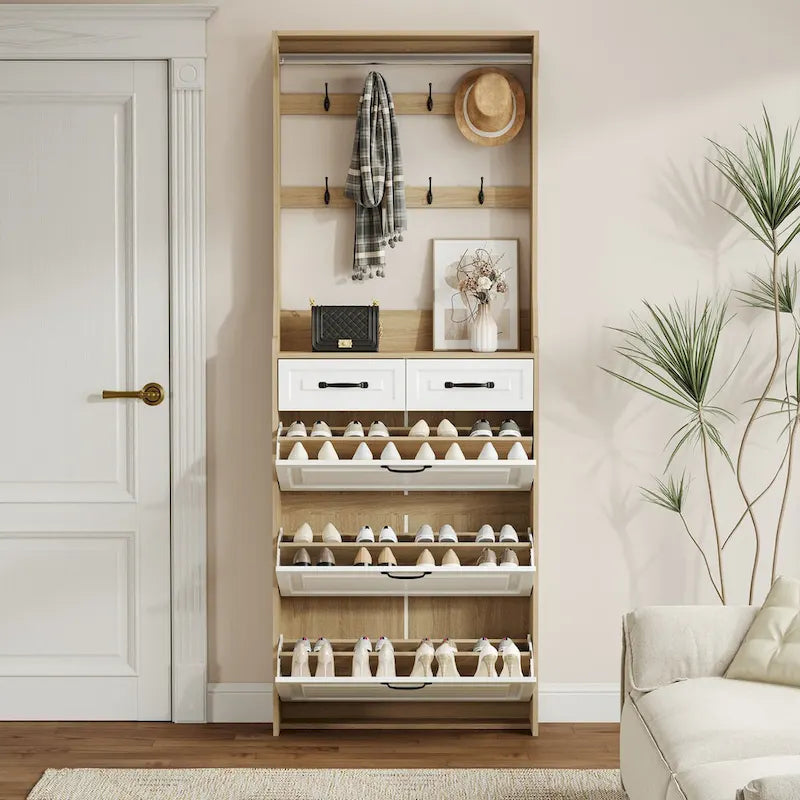 New Shoe Cabinet with 3 Doors 2 Drawers with Hanger,PVC Door With Shape,Large Space for Storage