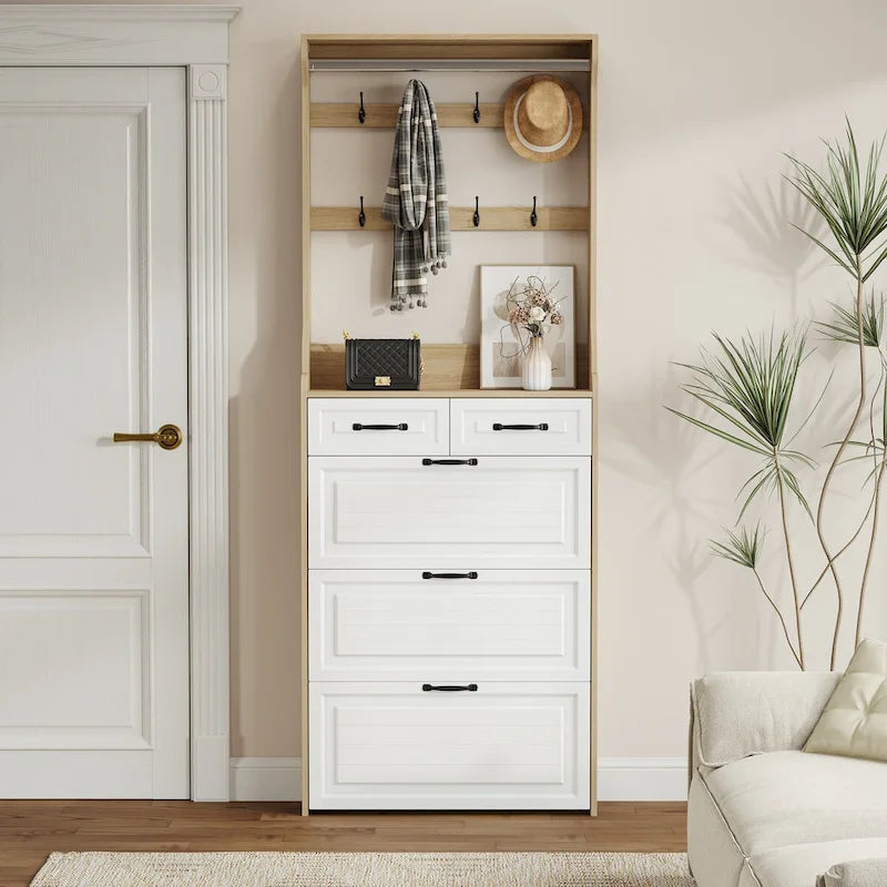 New Shoe Cabinet with 3 Doors 2 Drawers with Hanger,PVC Door With Shape,Large Space for Storage