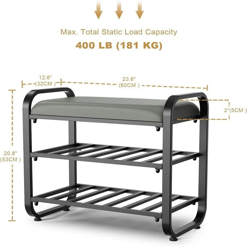 Cushioned Metal Shoe Rack with Adjustable Feet - 12.6D x 23.62W x 20.8H