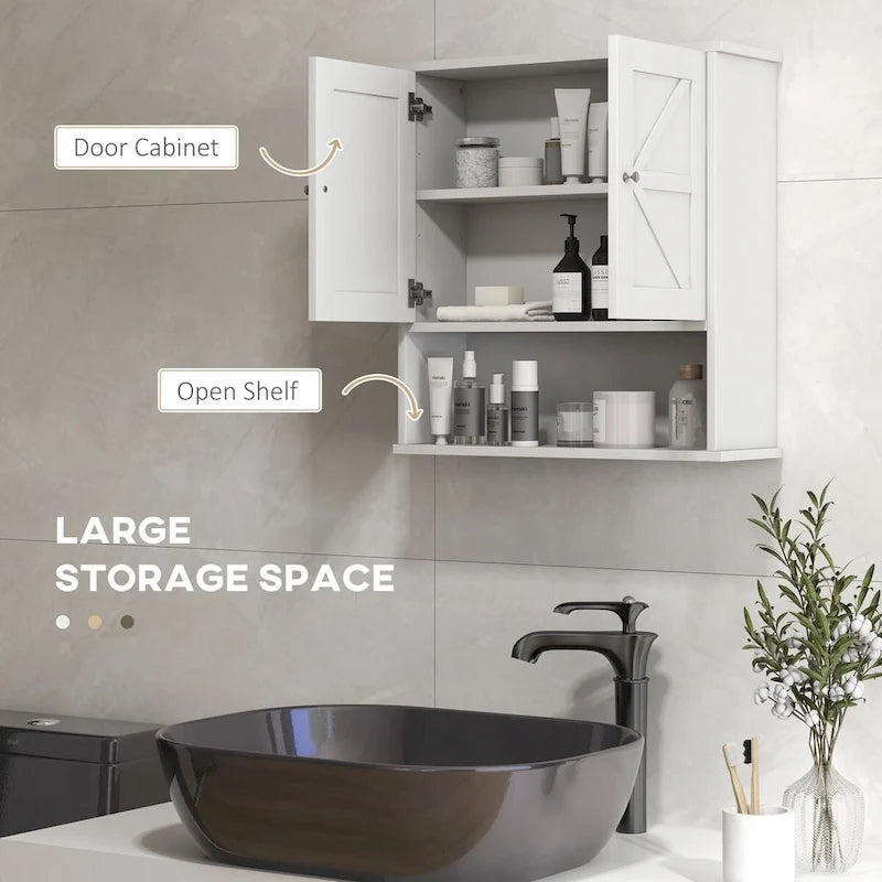 Bathroom Wall Cabinet, Wall Mounted Medicine Cabinet with Open Shelf & Adjustable Shelf, Storage for Laundry Room, White