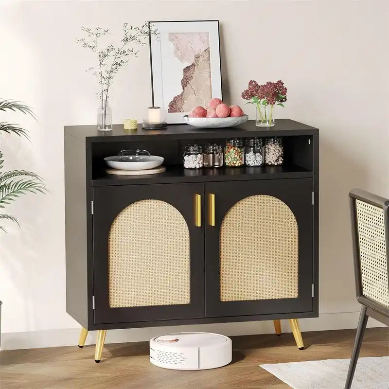 Rattan Buffet Sideboard Cabinet with Adjustable Shelves - 13.78D x 31.49W x 29.53H