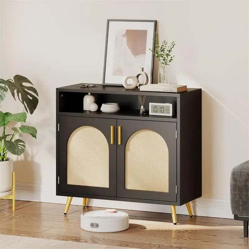 Rattan Buffet Sideboard Cabinet with Adjustable Shelves - 13.78D x 31.49W x 29.53H