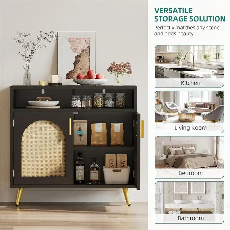Rattan Buffet Sideboard Cabinet with Adjustable Shelves - 13.78D x 31.49W x 29.53H