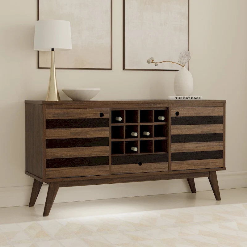 Solid Acacia Wood 60 Inch Sideboard with Wine Storage Rustic Natural Brown