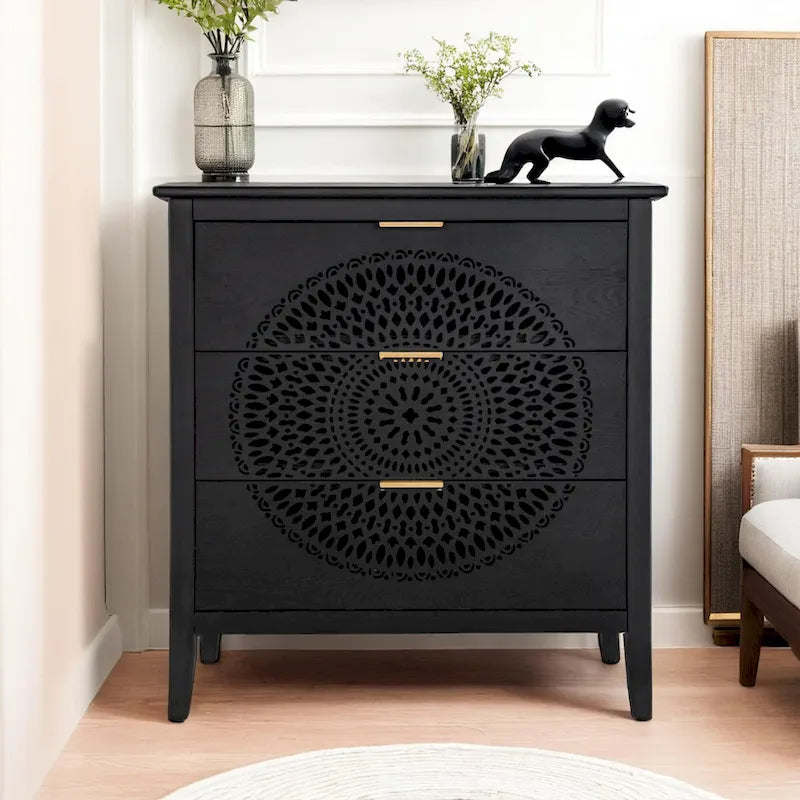 3 Drawer Cabinet with Hollow-Carved 3 Drawer Dresser Storage Chest with Metal Handles For Entryway Living Room Bedroom