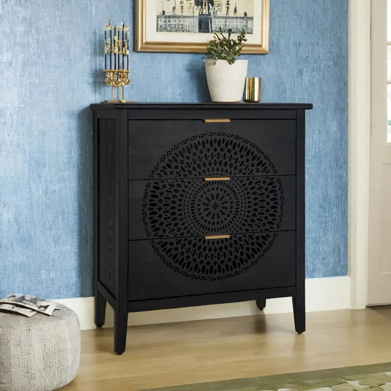 Schrank mit 3 Schubladen, Kommode mit hohlgeschnitztem Design, Stauraum und Metallgriffen für Eingangsbereich, Wohnzimmer und Schlafzimmer