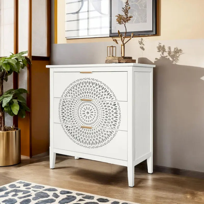 Schrank mit 3 Schubladen, Kommode mit hohlgeschnitztem Design, Stauraum und Metallgriffen für Eingangsbereich, Wohnzimmer und Schlafzimmer