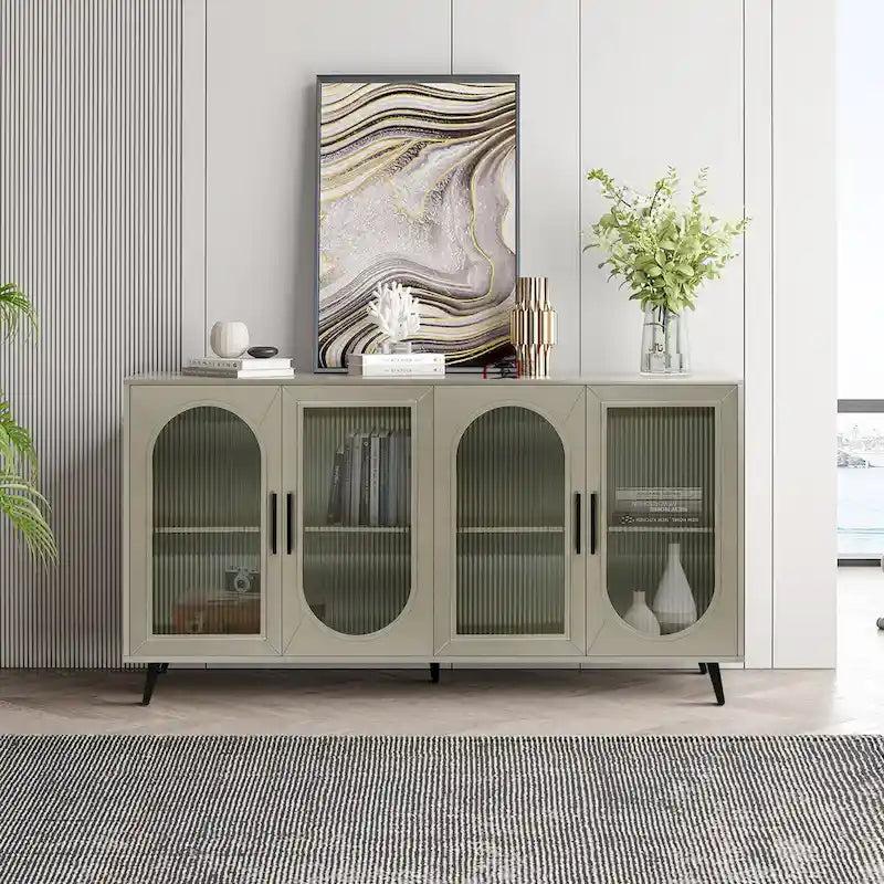 60 inches Wood TV Stand with Storage Cabinet and Glass Door