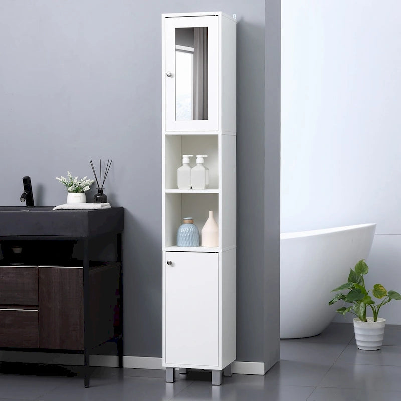 Tall Bathroom Storage Cabinet with Mirror, Wooden Freestanding Tower Cabinet with Adjustable Shelves