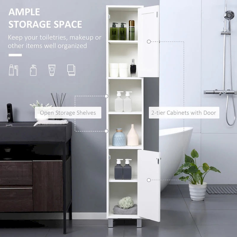Tall Bathroom Storage Cabinet with Mirror, Wooden Freestanding Tower Cabinet with Adjustable Shelves