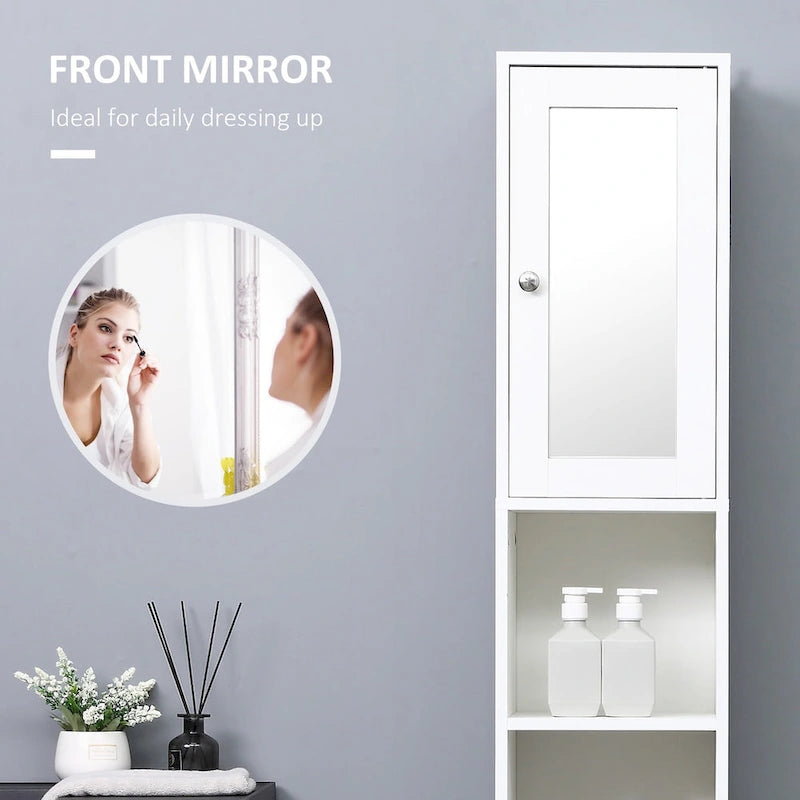 Tall Bathroom Storage Cabinet with Mirror, Wooden Freestanding Tower Cabinet with Adjustable Shelves