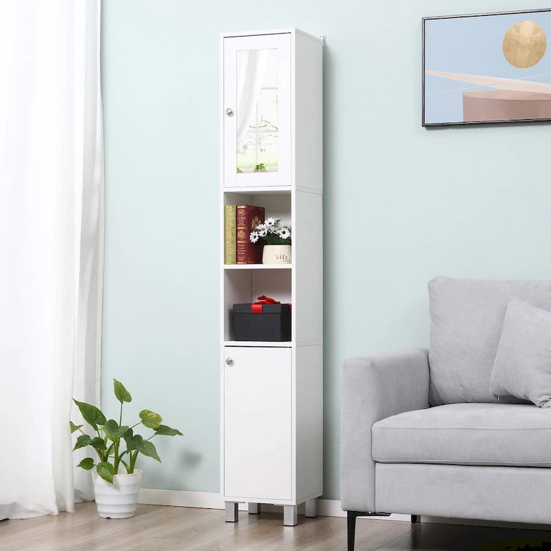 Tall Bathroom Storage Cabinet with Mirror, Wooden Freestanding Tower Cabinet with Adjustable Shelves