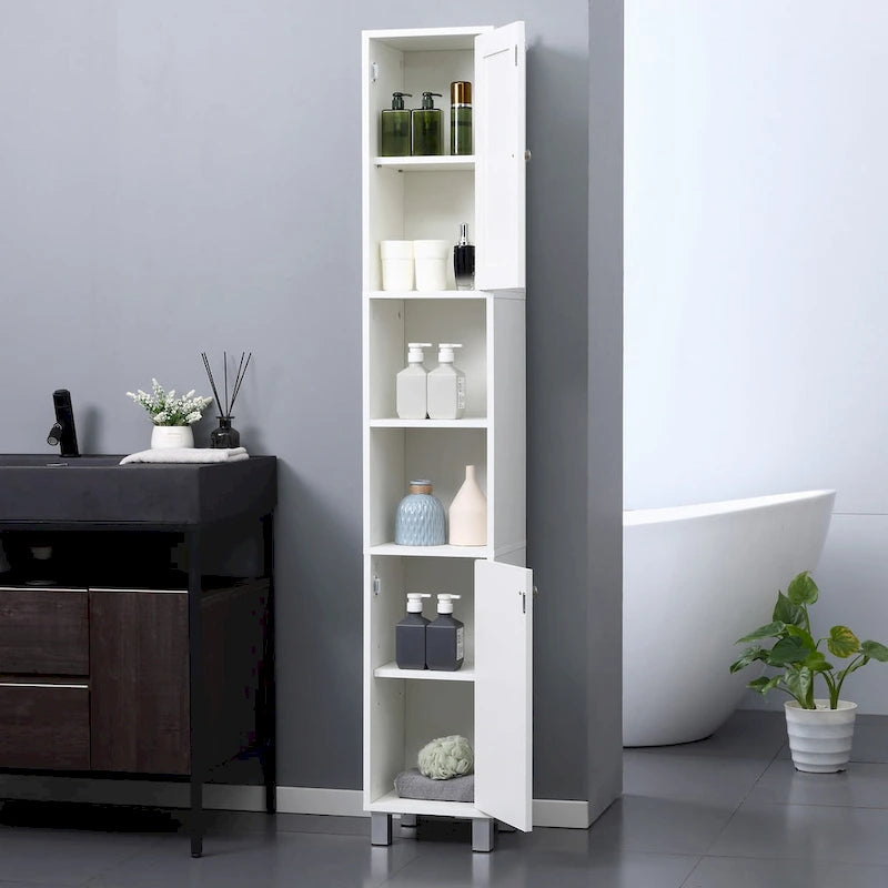Tall Bathroom Storage Cabinet with Mirror, Wooden Freestanding Tower Cabinet with Adjustable Shelves