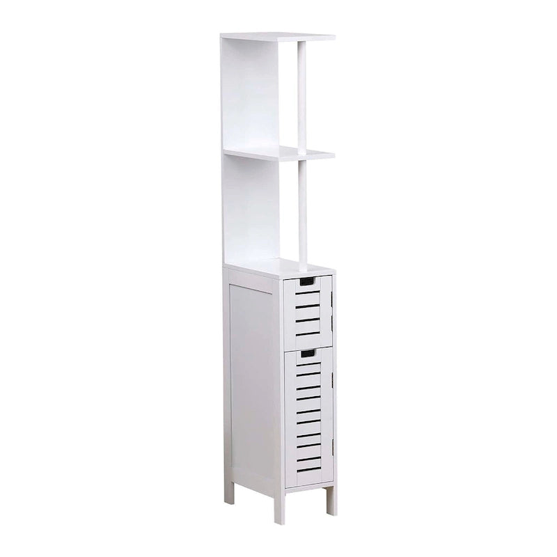 White Slim Bathroom Storage Cabinet Open Shelves Two Doors - 51.4H x 7.2L 12W