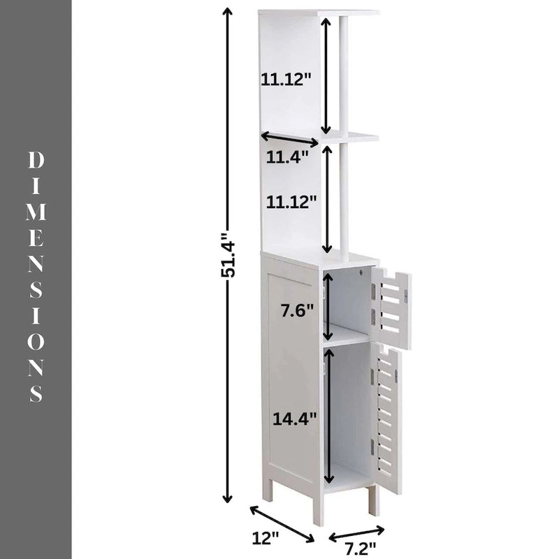 White Slim Bathroom Storage Cabinet Open Shelves Two Doors - 51.4H x 7.2L 12W