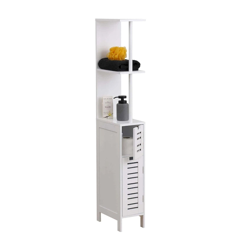 White Slim Bathroom Storage Cabinet Open Shelves Two Doors - 51.4H x 7.2L 12W