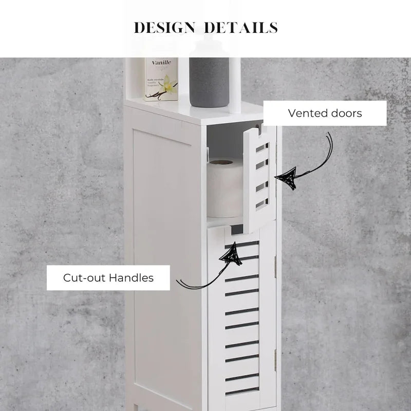 White Slim Bathroom Storage Cabinet Open Shelves Two Doors - 51.4H x 7.2L 12W