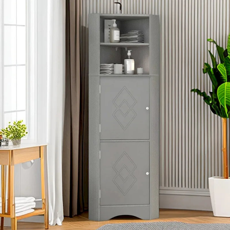 61 H Bathroom Cabinet, Freestanding Floor Storage Cabinet with Open Shelf & Doors
