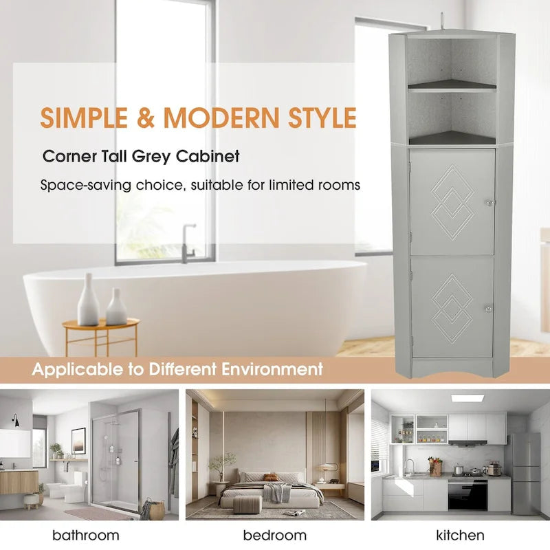 61 H Bathroom Cabinet, Freestanding Floor Storage Cabinet with Open Shelf & Doors
