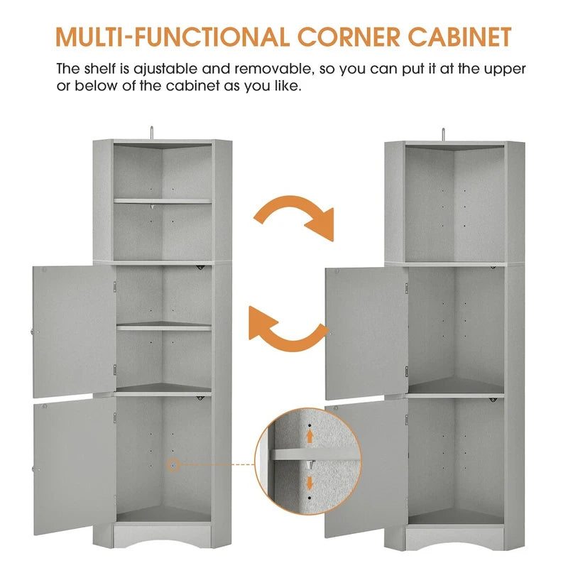 61 H Bathroom Cabinet, Freestanding Floor Storage Cabinet with Open Shelf & Doors