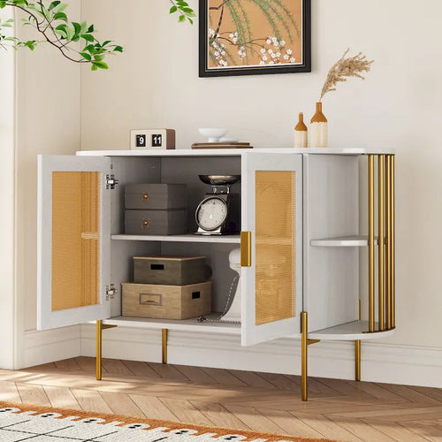 2-Door Elegant Curved Dining Cabinet with Gold Trim and Woven Rattan Doors for Dining Room