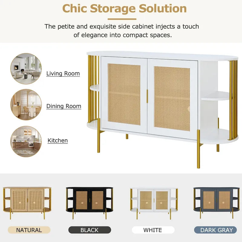 2-Door Elegant Curved Dining Cabinet with Gold Trim and Woven Rattan Doors for Dining Room