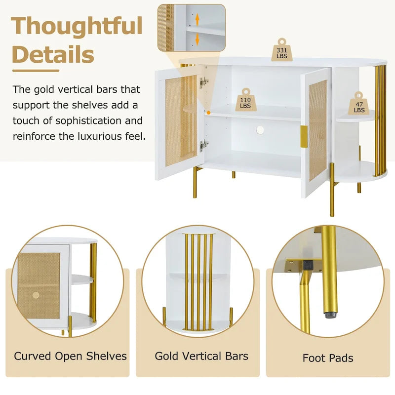 2-Door Elegant Curved Dining Cabinet with Gold Trim and Woven Rattan Doors for Dining Room