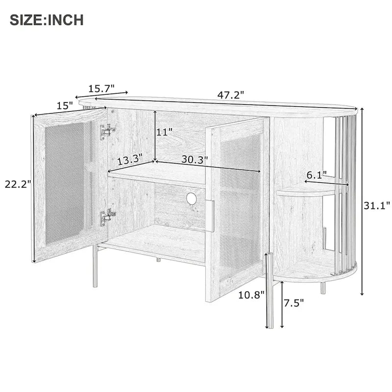 2-Door Elegant Curved Dining Cabinet with Gold Trim and Woven Rattan Doors for Dining Room