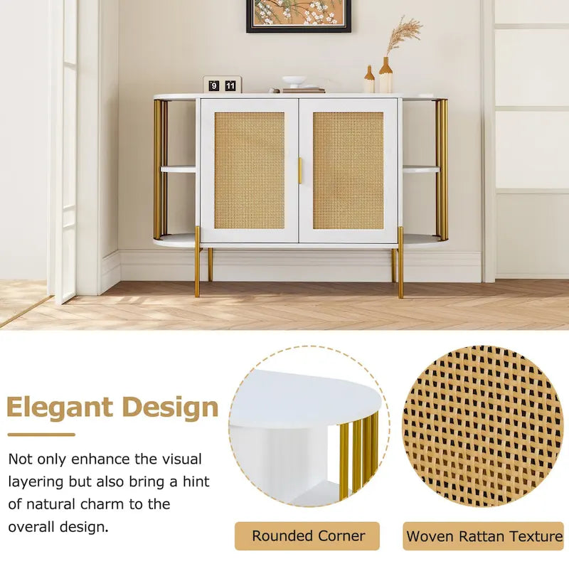 2-Door Elegant Curved Dining Cabinet with Gold Trim and Woven Rattan Doors for Dining Room