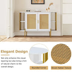 2-Door Elegant Curved Dining Cabinet with Gold Trim and Woven Rattan Doors for Dining Room