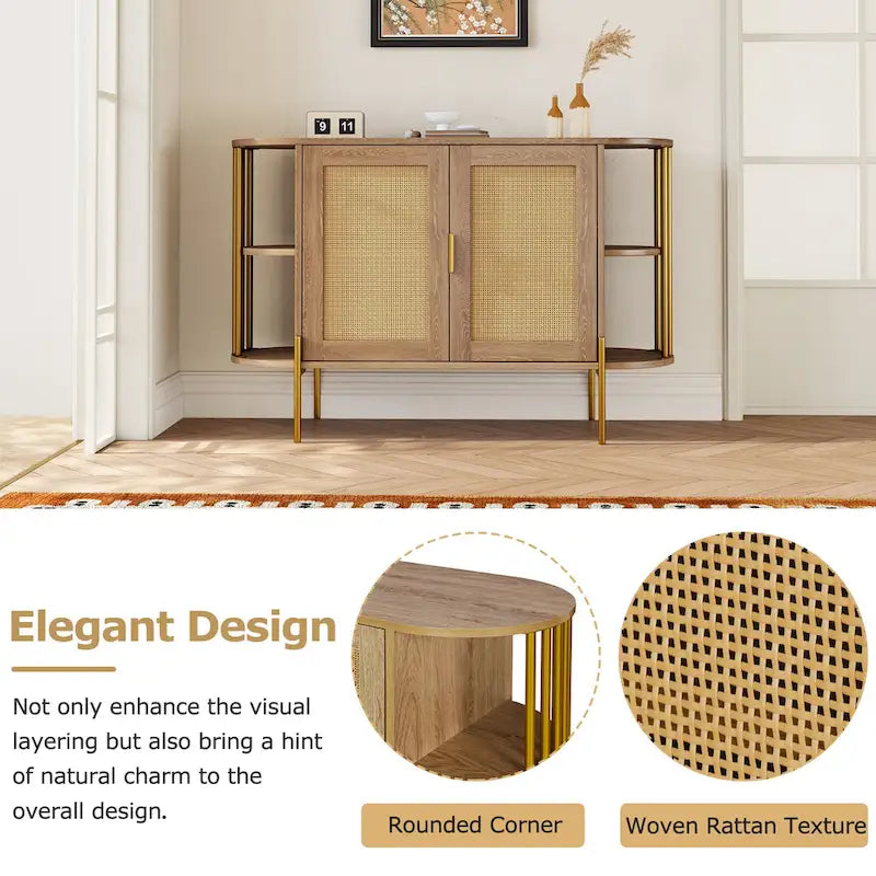 2-Door Elegant Curved Dining Cabinet with Gold Trim and Woven Rattan Doors for Dining Room