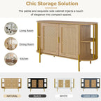 2-Door Elegant Curved Dining Cabinet with Gold Trim and Woven Rattan Doors for Dining Room