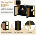 2-Door Elegant Curved Dining Cabinet with Gold Trim and Woven Rattan Doors for Dining Room