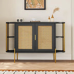 2-Door Elegant Curved Dining Cabinet with Gold Trim and Woven Rattan Doors for Dining Room