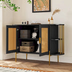 2-Door Elegant Curved Dining Cabinet with Gold Trim and Woven Rattan Doors for Dining Room