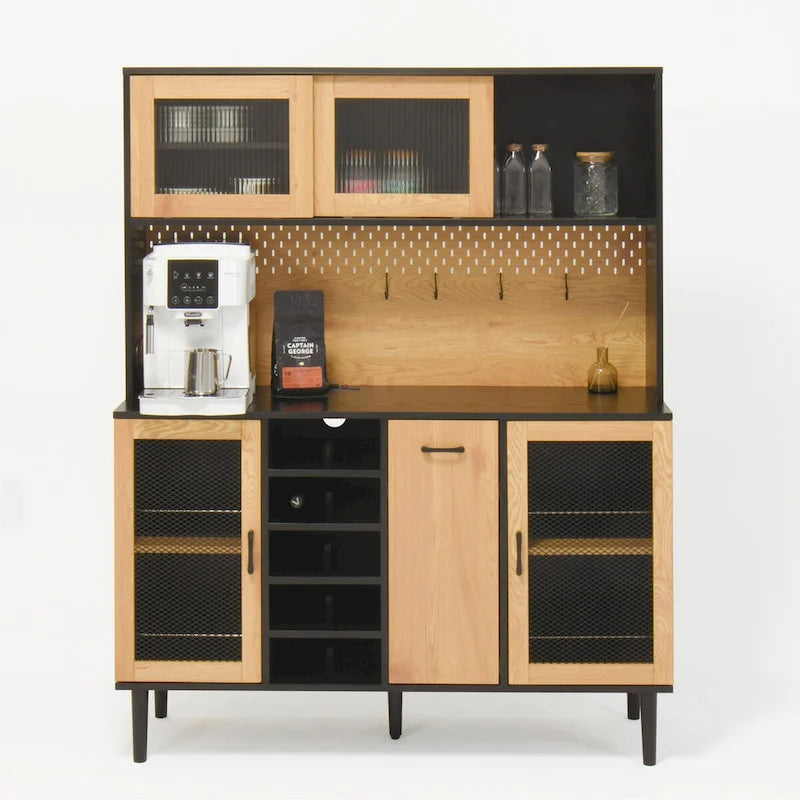 59 H Buffet Sideboard Cabinet with Storage Door & Power Outlet, Farmhouse Coffee Bar Cabinet with Wine Rack, Kitchen Pantry