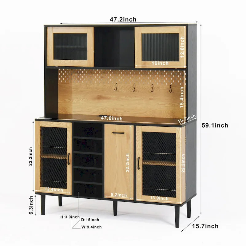 59 H Buffet Sideboard Cabinet with Storage Door & Power Outlet, Farmhouse Coffee Bar Cabinet with Wine Rack, Kitchen Pantry