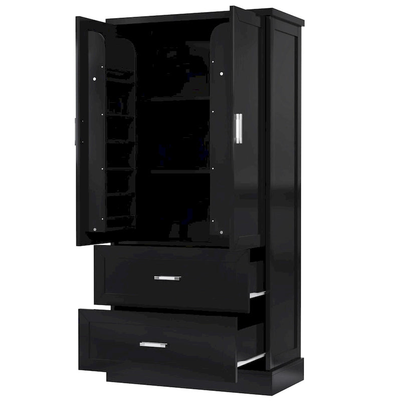 Tall Bathroom Storage Cabinet, Cabinet with Two Doors and Drawers, Adjustable Shelf, MDF Board, Black