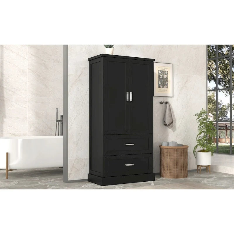 Tall Bathroom Storage Cabinet, Cabinet with Two Doors and Drawers, Adjustable Shelf, MDF Board, Black