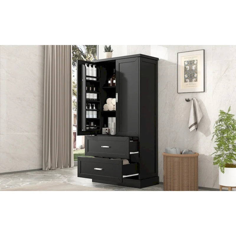 Tall Bathroom Storage Cabinet, Cabinet with Two Doors and Drawers, Adjustable Shelf, MDF Board, Black