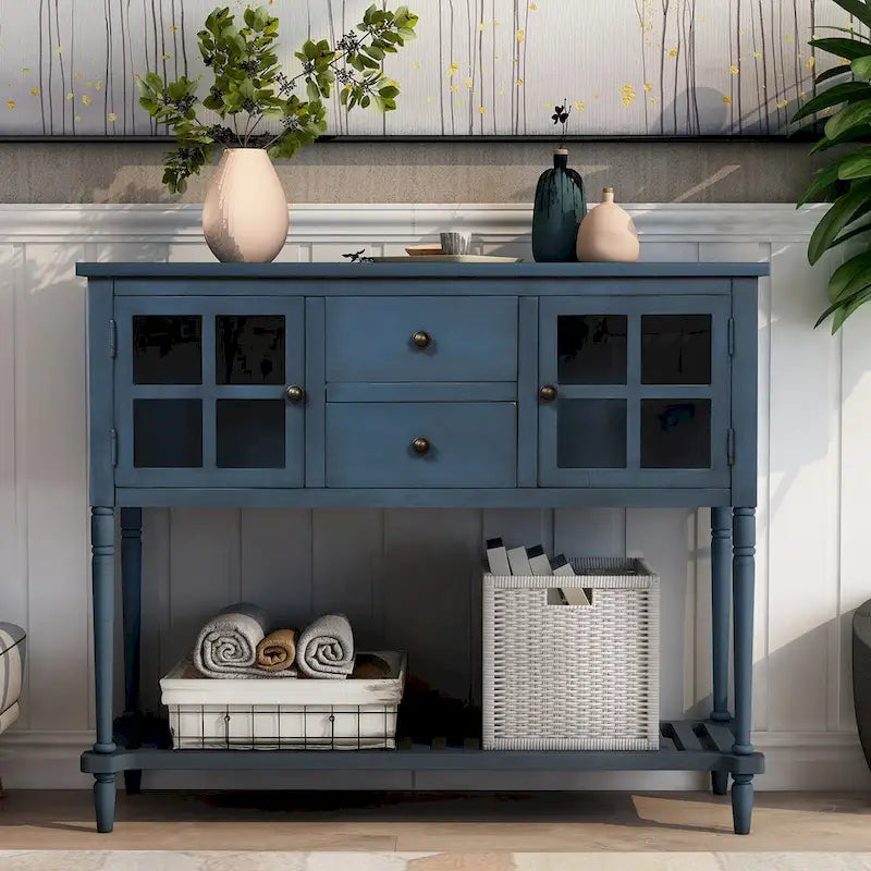 Farmhouse Antique Navy Wood Sideboard Console Table with Bottom Shelf