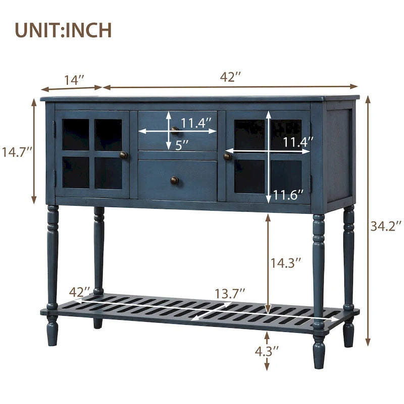 Farmhouse Antique Navy Wood Sideboard Console Table with Bottom Shelf